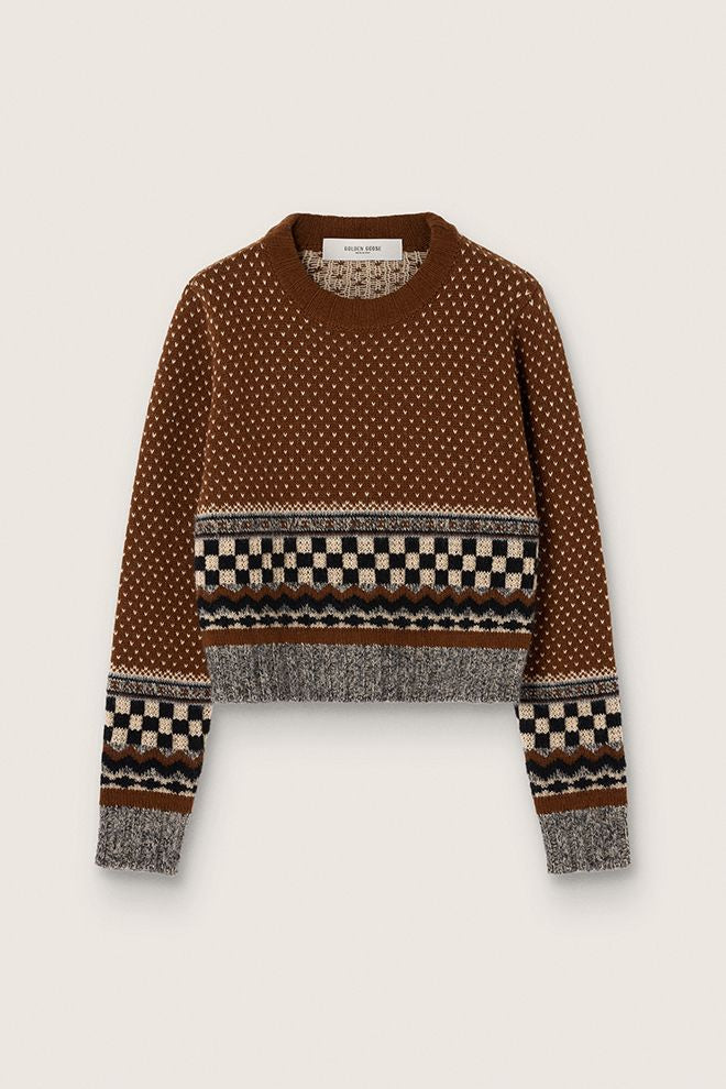 JOURNEY W'S KNIT CROPPED CREWNECK WOOL BLEND GEOMETRIC JACQUARD