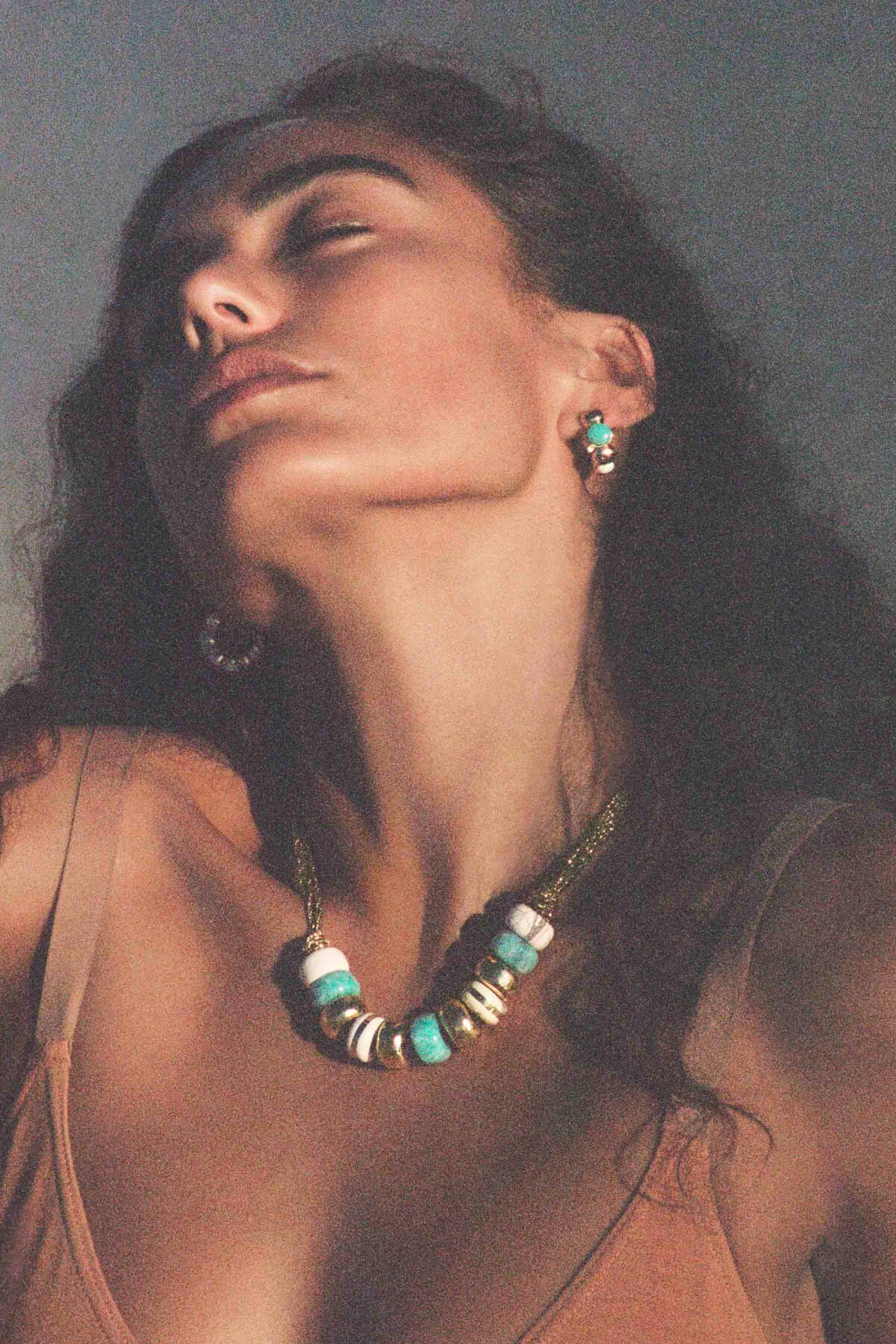Turquoise and Yellow Gold Beaded Necklace on Woman Aurelie Bidermann