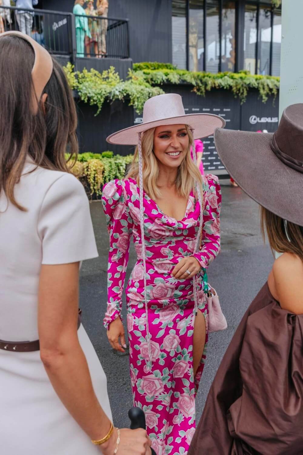 Jacqui Felgate in Pink Floral Dress for Melbourne Cup Carnival