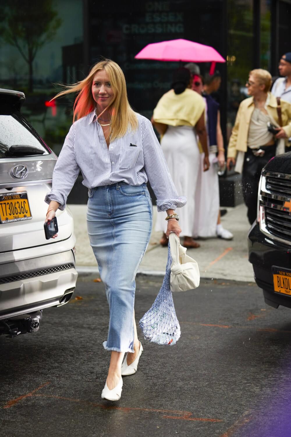 Lisa Aiken wearing denim midi skirt and striped cotton shirt