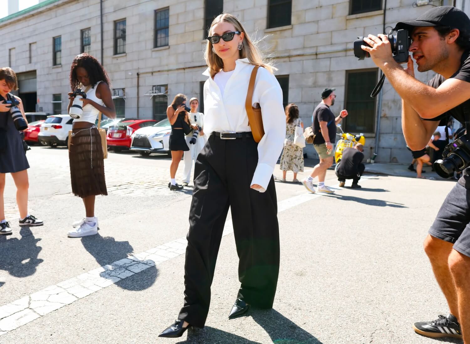 White cotton shirt with black pants NYFW