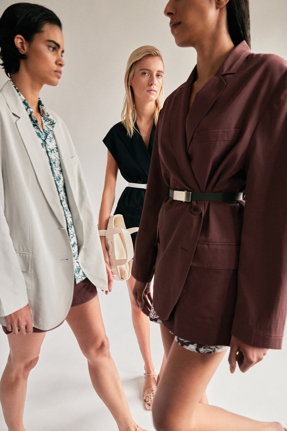 Tibi Summer 2024 Batik Print Shorts, Cinnamon Blazer, Linen Blazer and Black Sleeveless Blazer