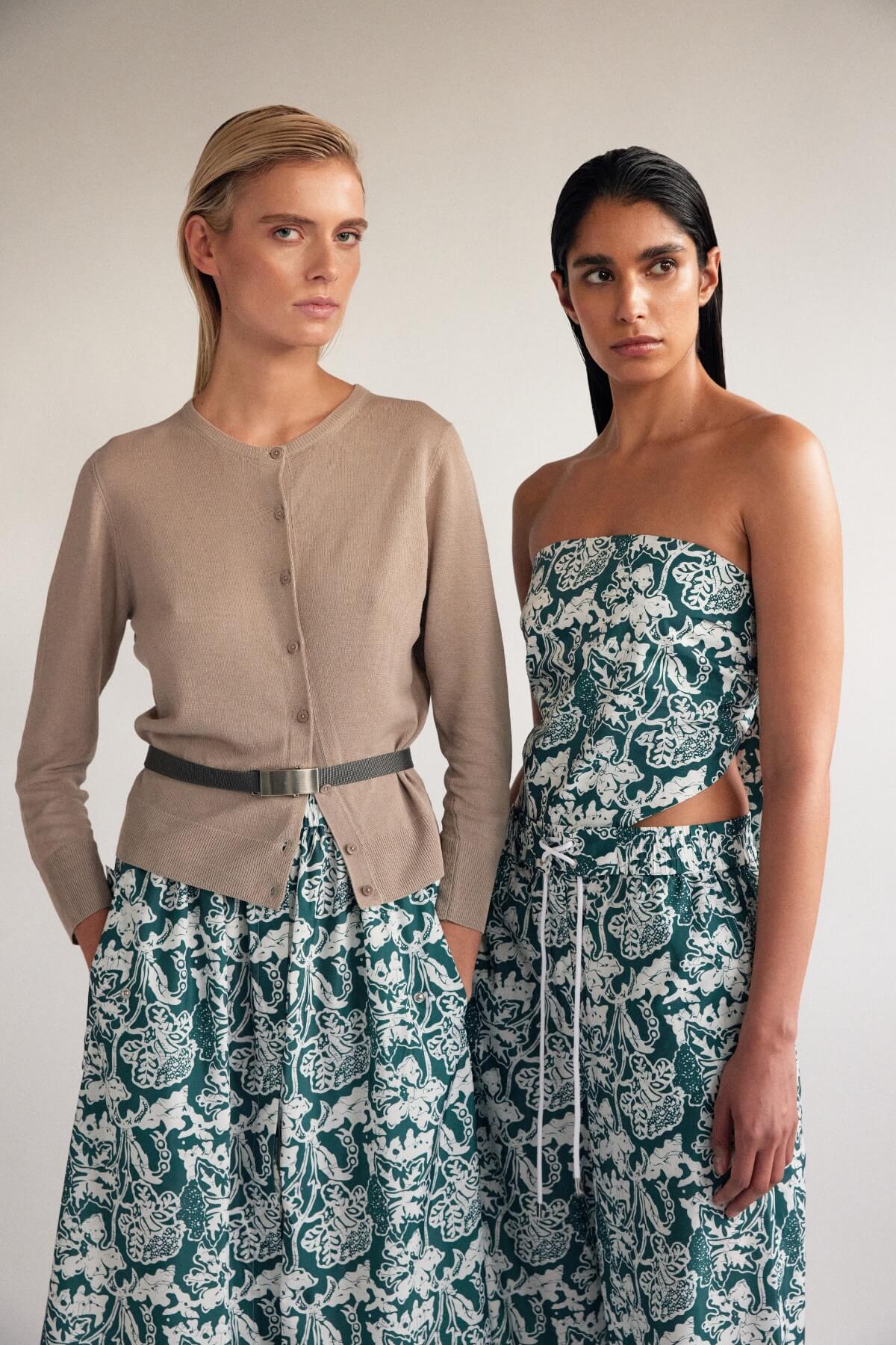 Tibi Summer 2024 Batik Print Skirt and Cardigan