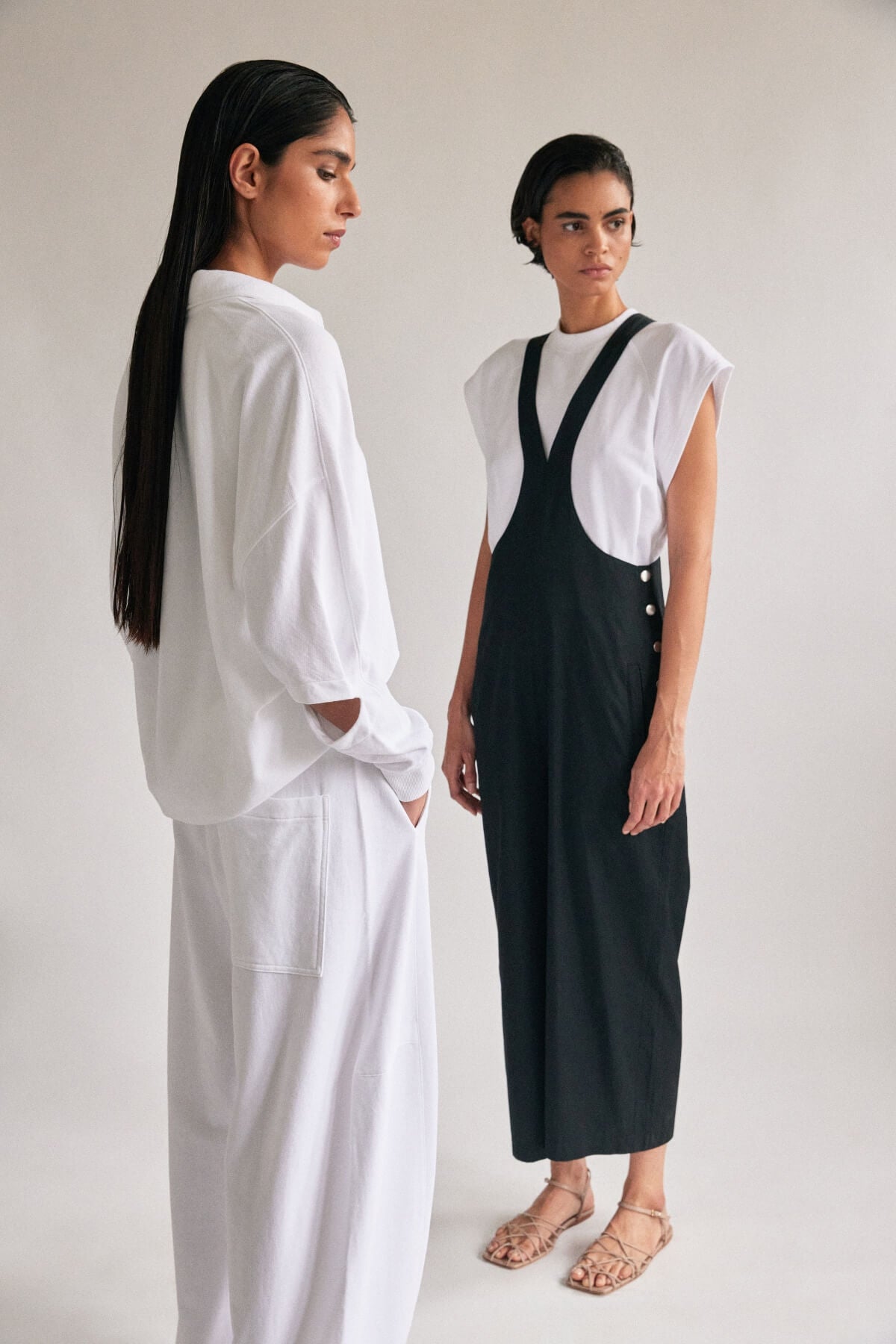 Tibi Summer 2024 Black Jumpsuit, White Shirt and White Sid Pants