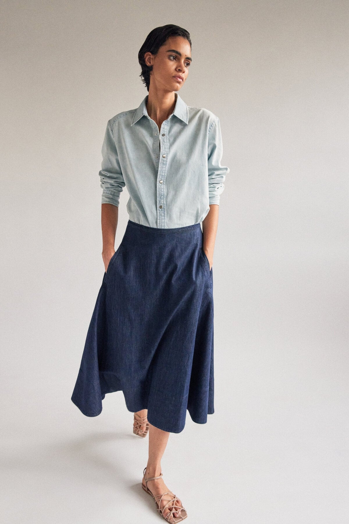 Tibi Summer 2024 Summer Denim Circle Skirt and Summer Denim Charlie Slim Shirt Bleached Denim