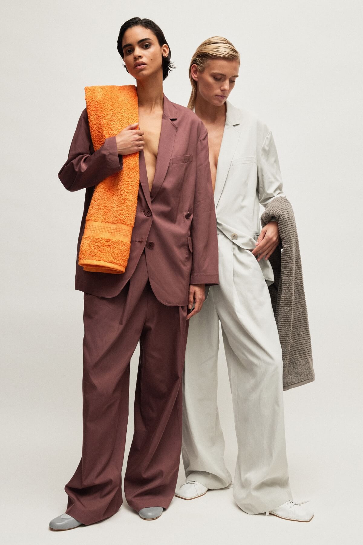 Tibi Summer 2024 Cinnamon Linen Suit and White Linen Suit