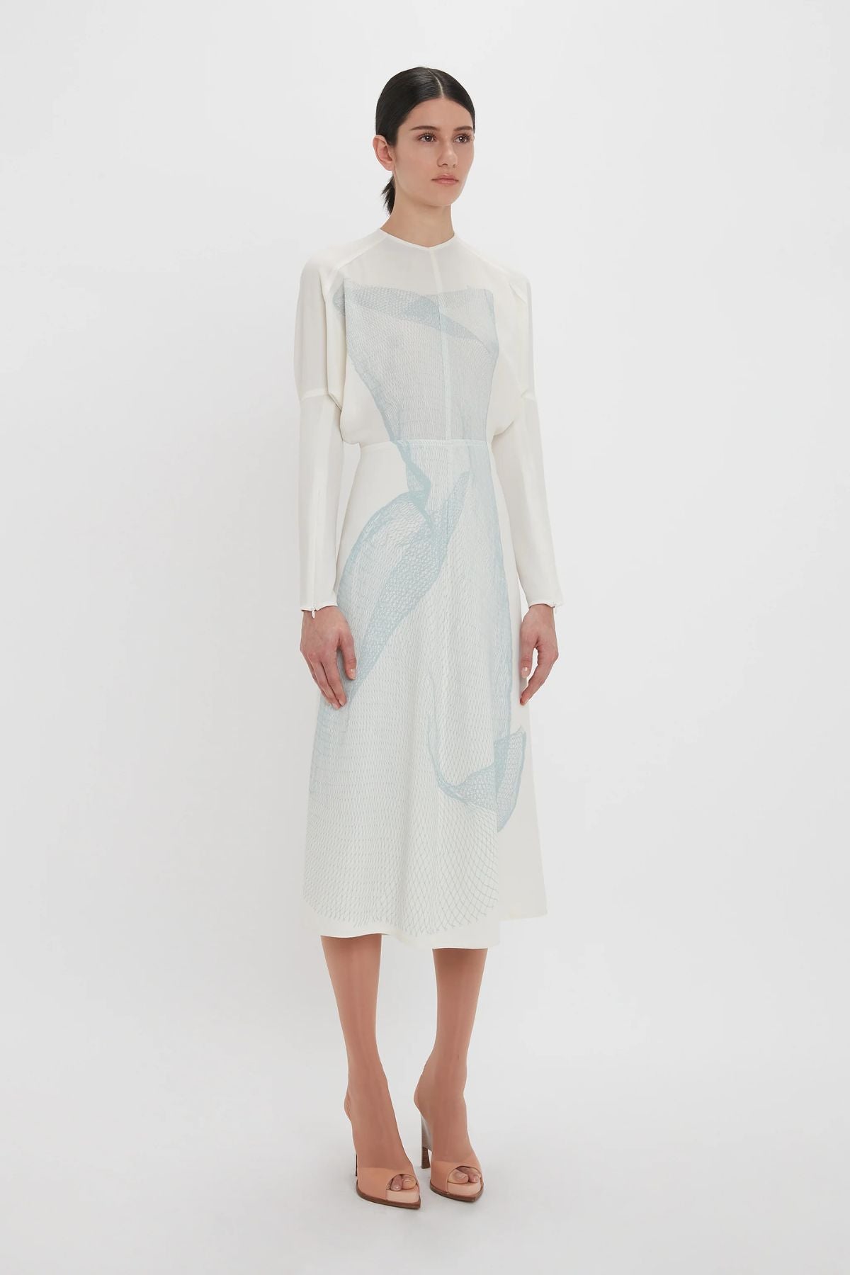 Victoria Beckham Long Sleeve Dolman Midi Dress - White/ Viper Blue