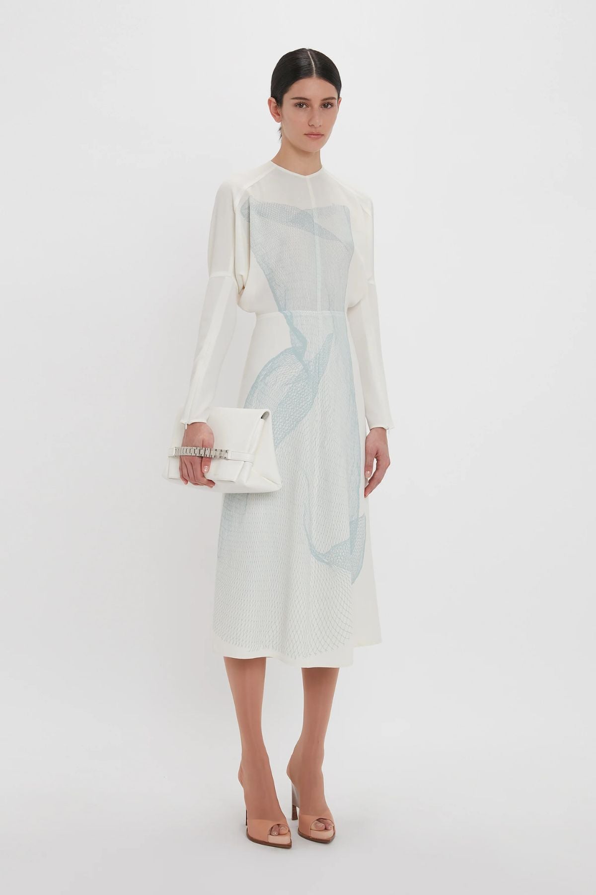 Victoria Beckham Long Sleeve Dolman Midi Dress - White/ Viper Blue