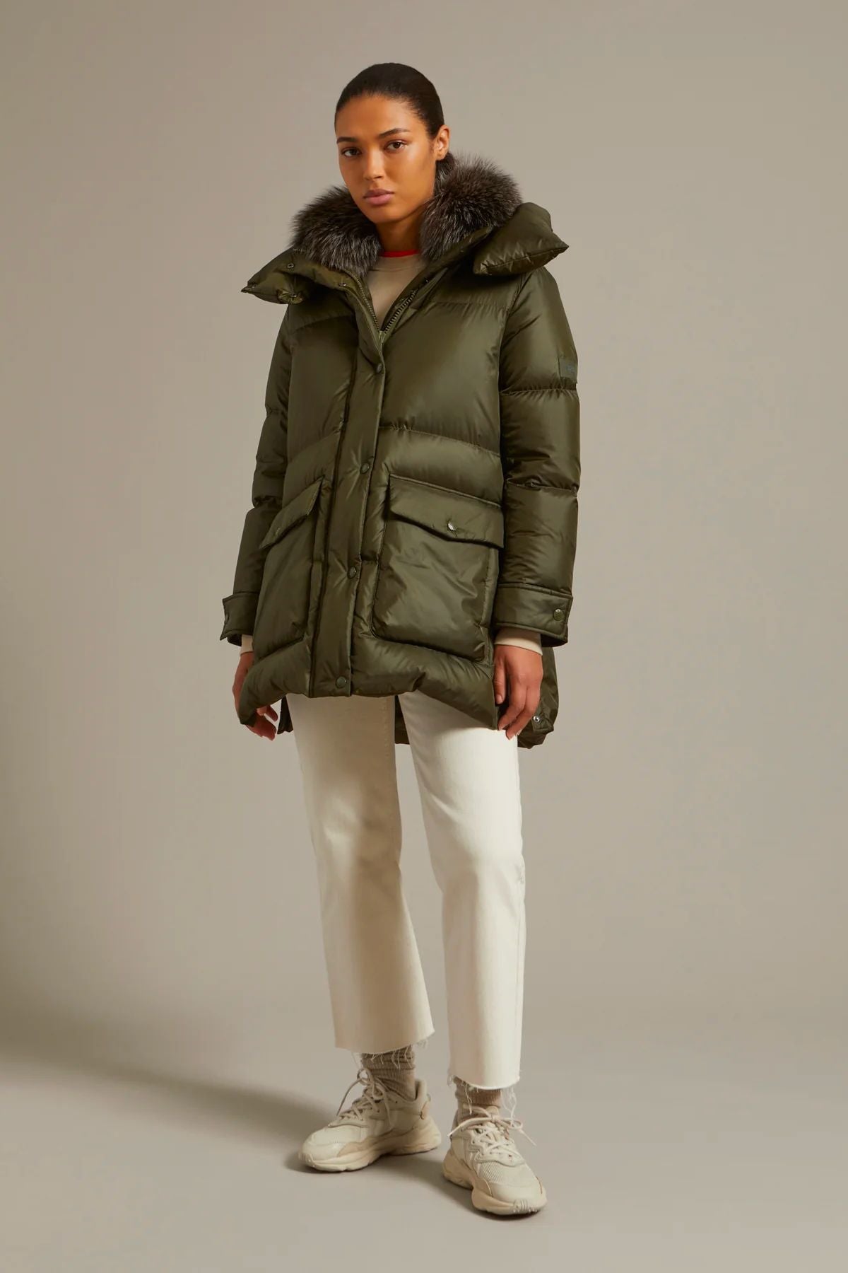 Yves Salomon 3/4 Down Jacket with Fox Trim - Hunter Green