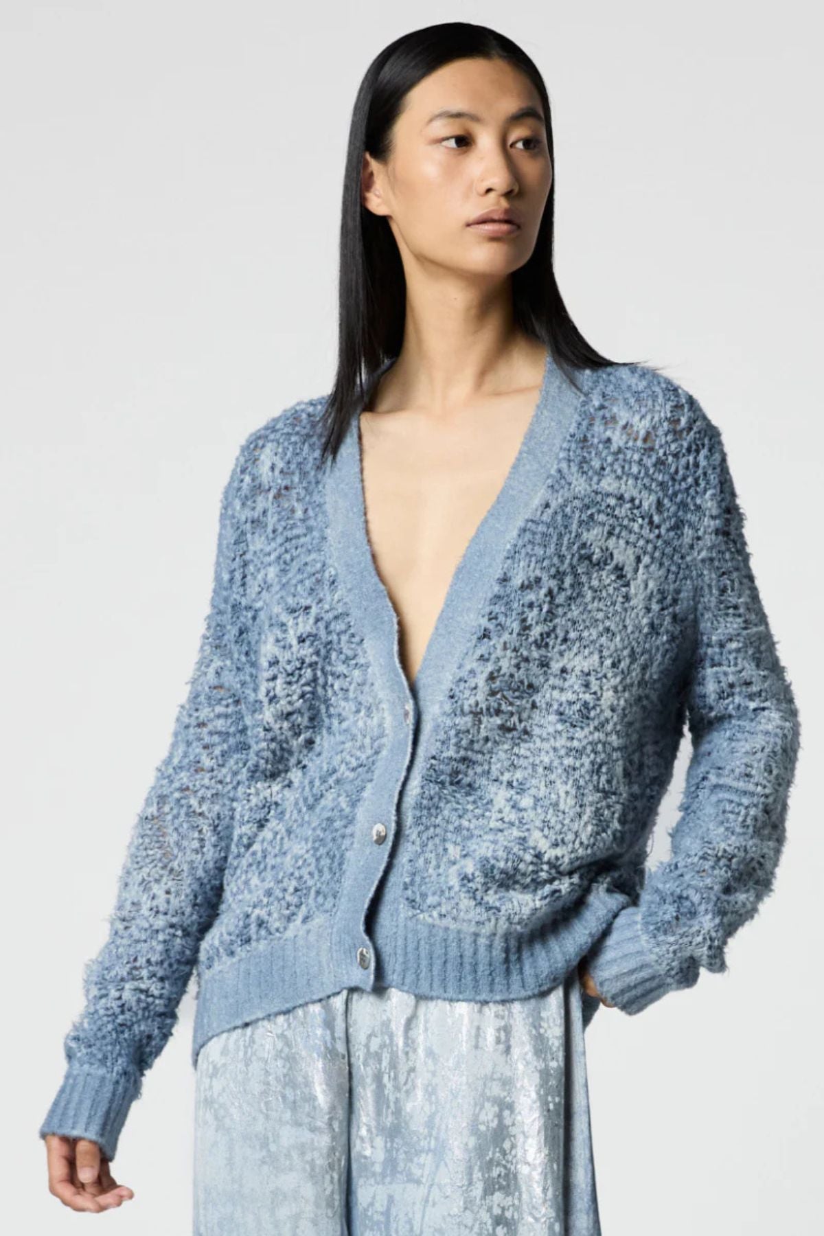 Avant Toi Irregular Jacquard Stitch Brushed Cotton V-Neck Cardigan - Titanium