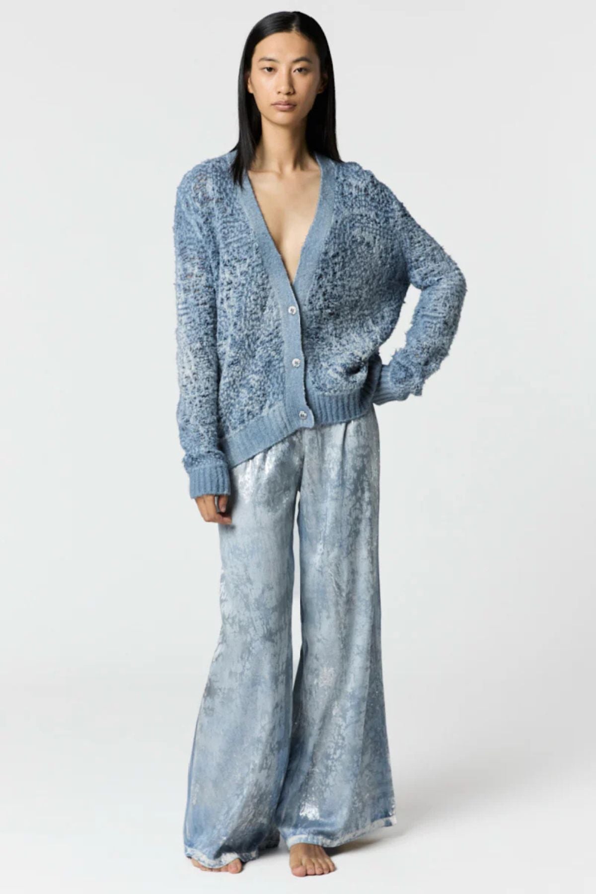 Avant Toi Irregular Jacquard Stitch Brushed Cotton V-Neck Cardigan - Titanium