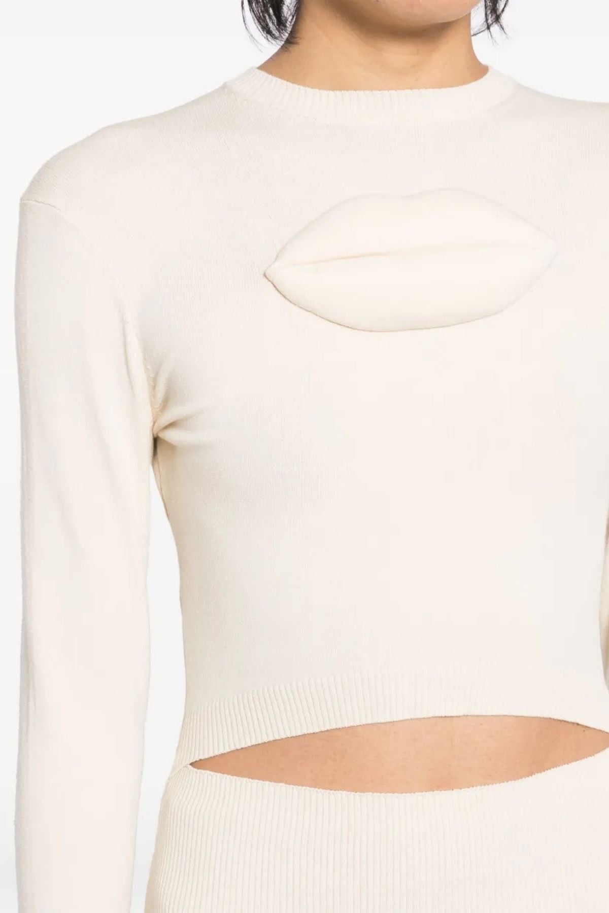 A.W.A.K.E Mode Knit Top with Front Cut Out and Lip Appliqué - Ivory