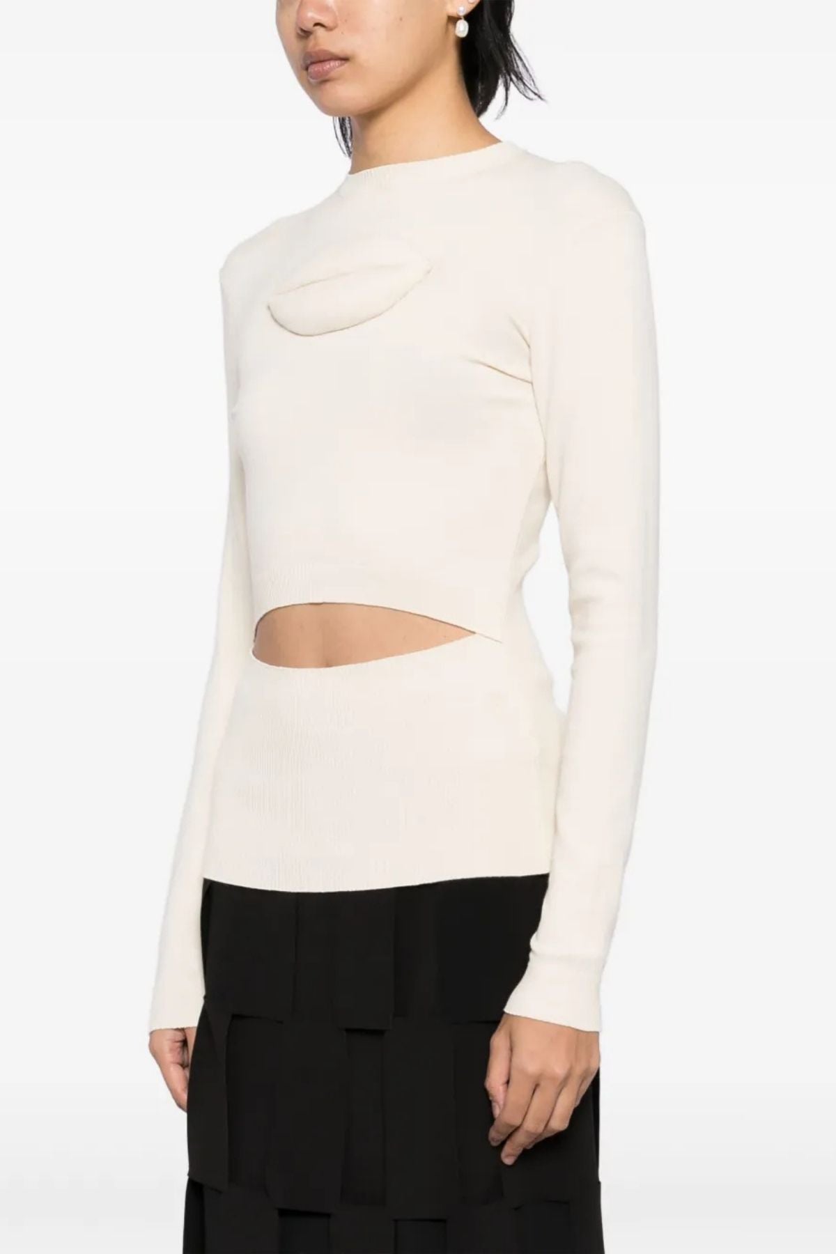 A.W.A.K.E Mode Knit Top with Front Cut Out and Lip Appliqué - Ivory