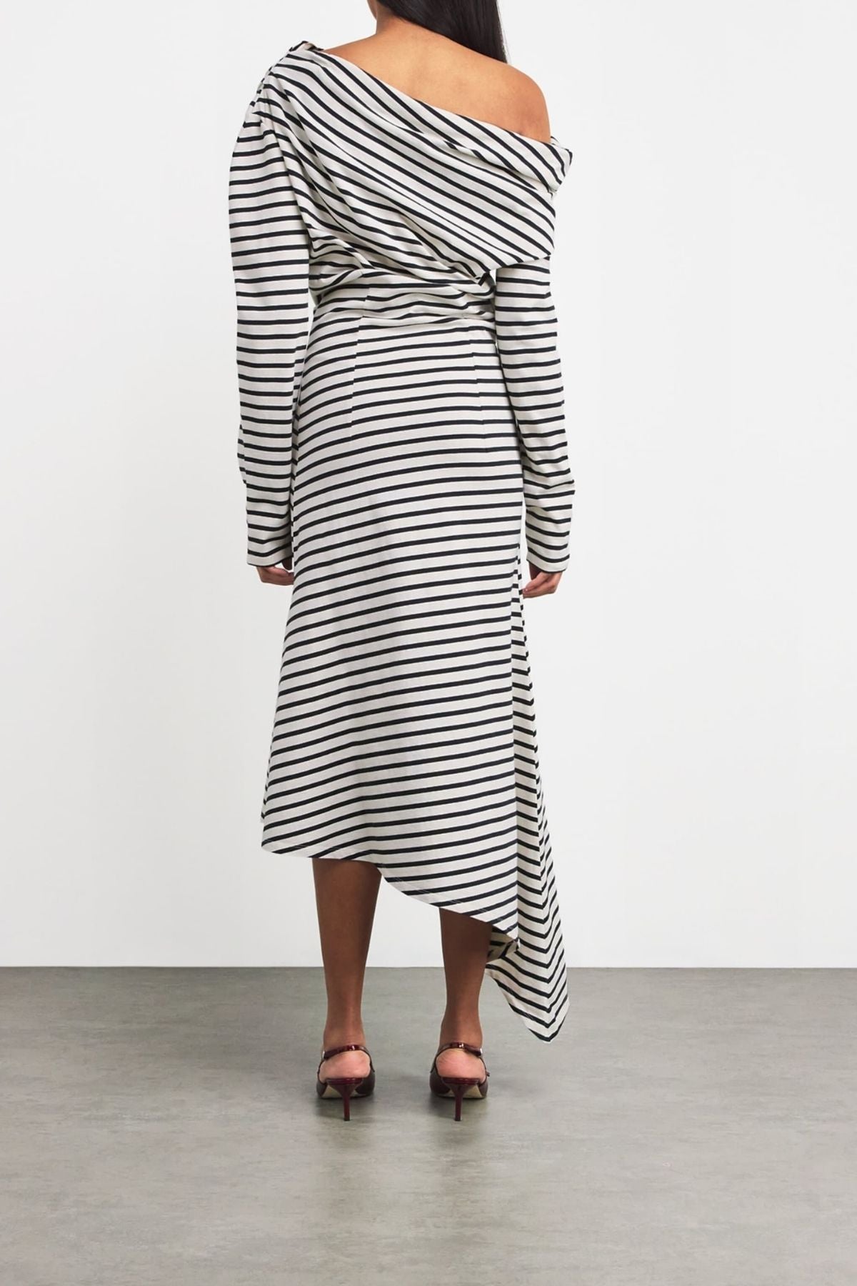 A.W.A.K.E Mode Off Shoulder Asym Striped Dress - Stripe