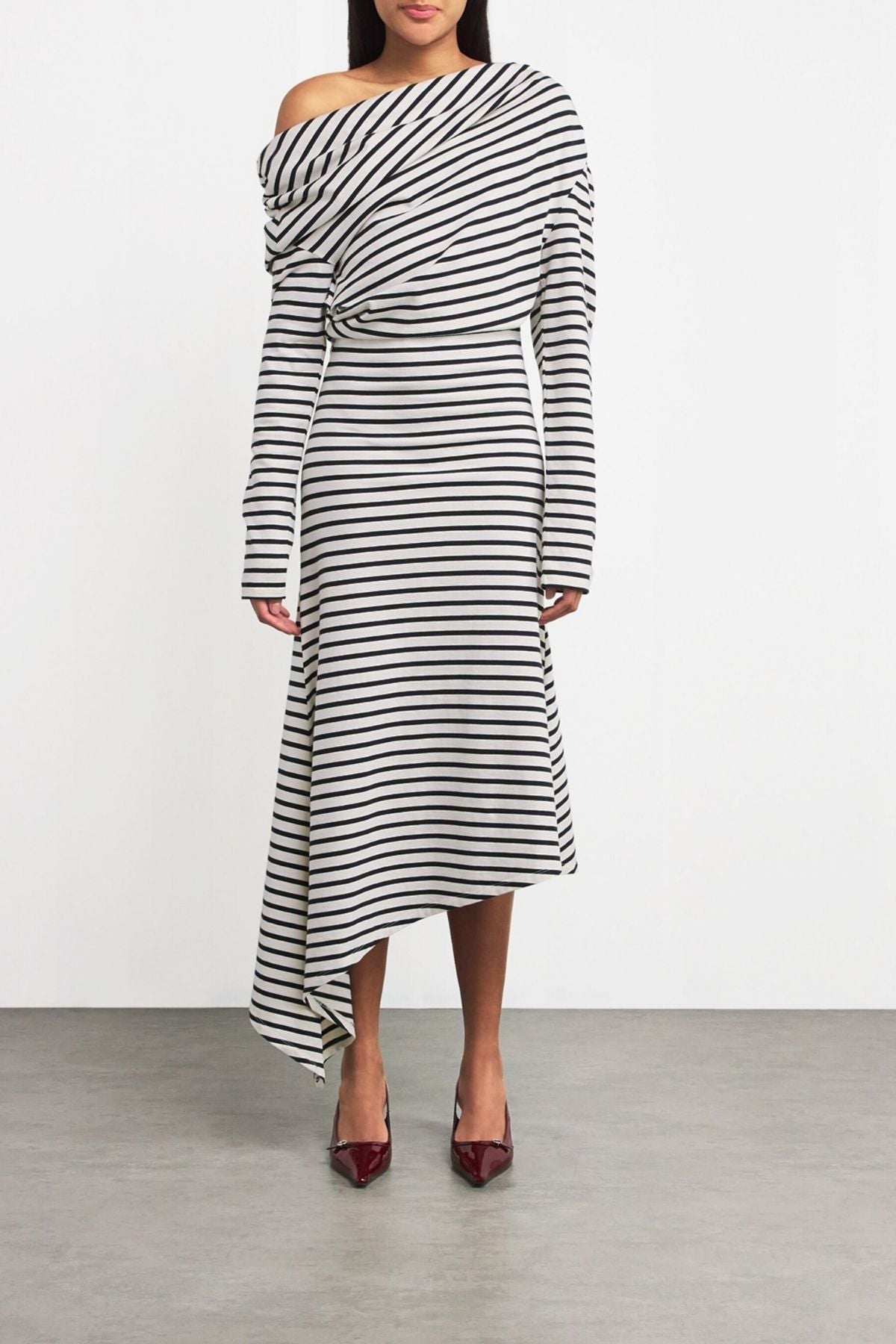 A.W.A.K.E Mode Off Shoulder Asym Striped Dress - Stripe
