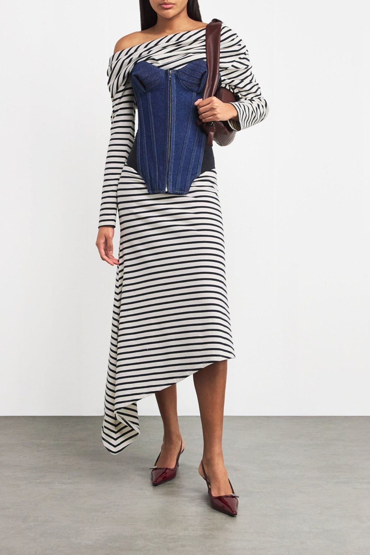 A.W.A.K.E Mode Off Shoulder Asym Striped Dress - Stripe