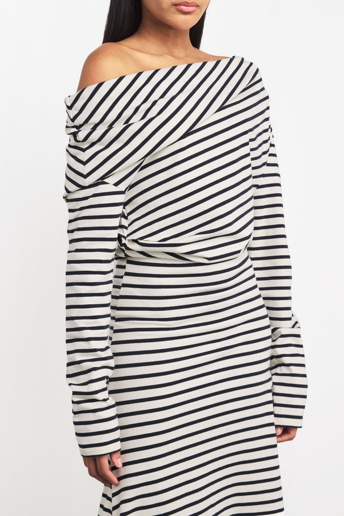 A.W.A.K.E Mode Off Shoulder Asym Striped Dress - Stripe