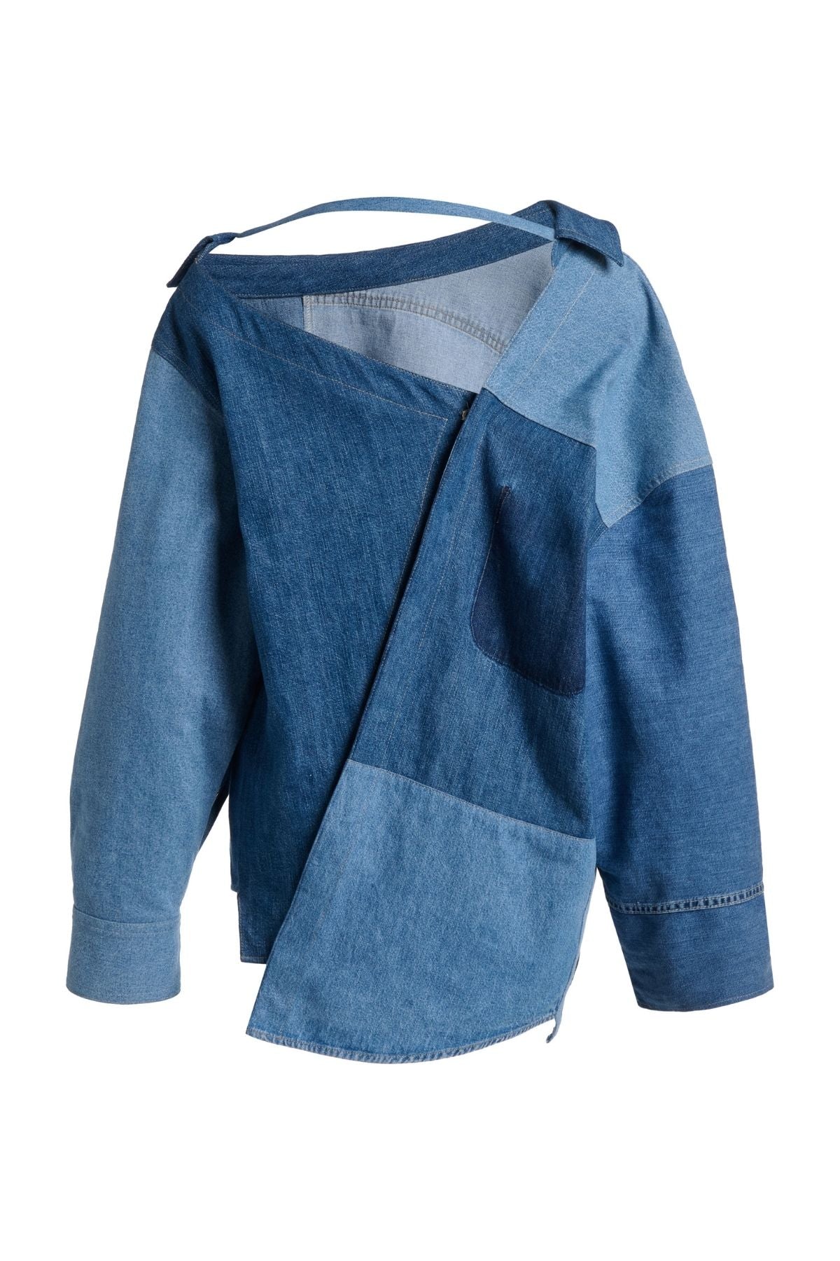 A.W.A.K.E Mode Off Shoulder Upcycled Denim Shirt - Blue