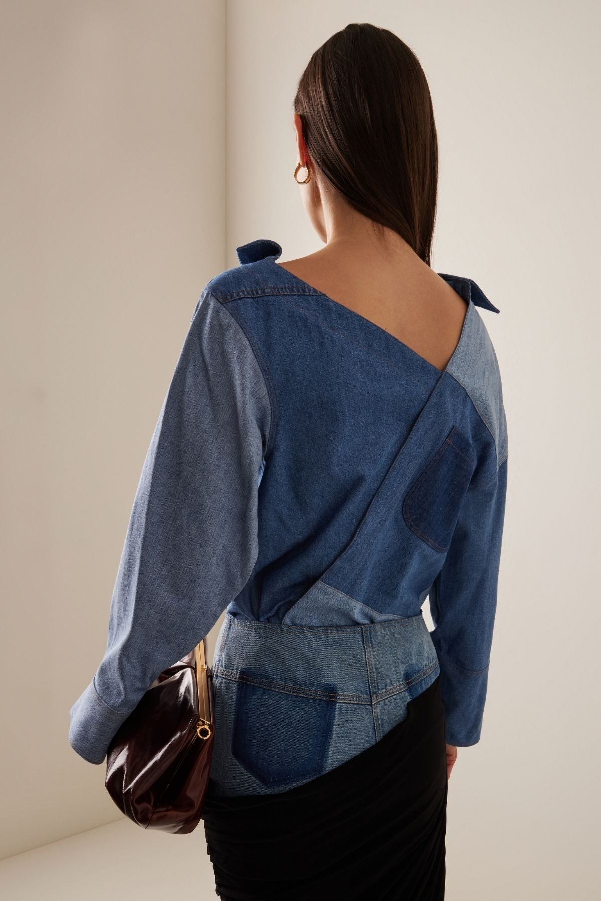 A.W.A.K.E Mode Off Shoulder Upcycled Denim Shirt - Blue
