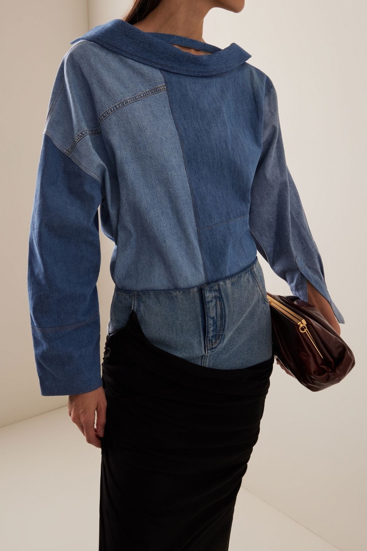 A.W.A.K.E Mode Off Shoulder Upcycled Denim Shirt - Blue