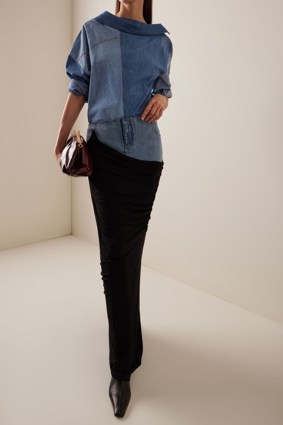 A.W.A.K.E Mode Off Shoulder Upcycled Denim Shirt - Blue