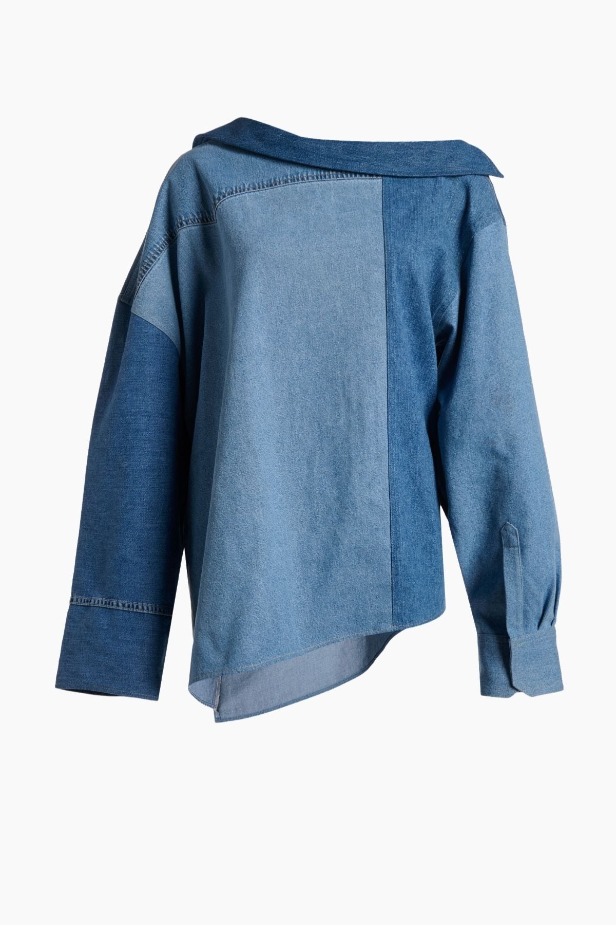 A.W.A.K.E Mode Off Shoulder Upcycled Denim Shirt - Blue