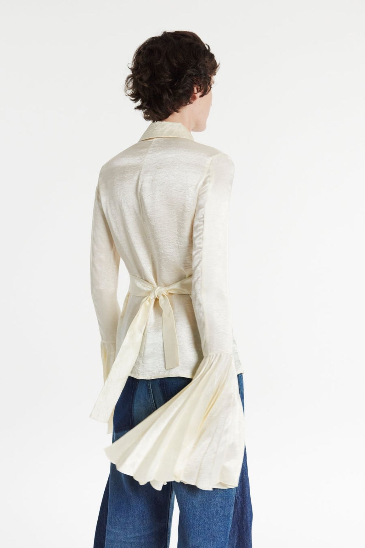 A.W.A.K.E Mode Satin Shirt Pleated Bell Sleeves - Ivory