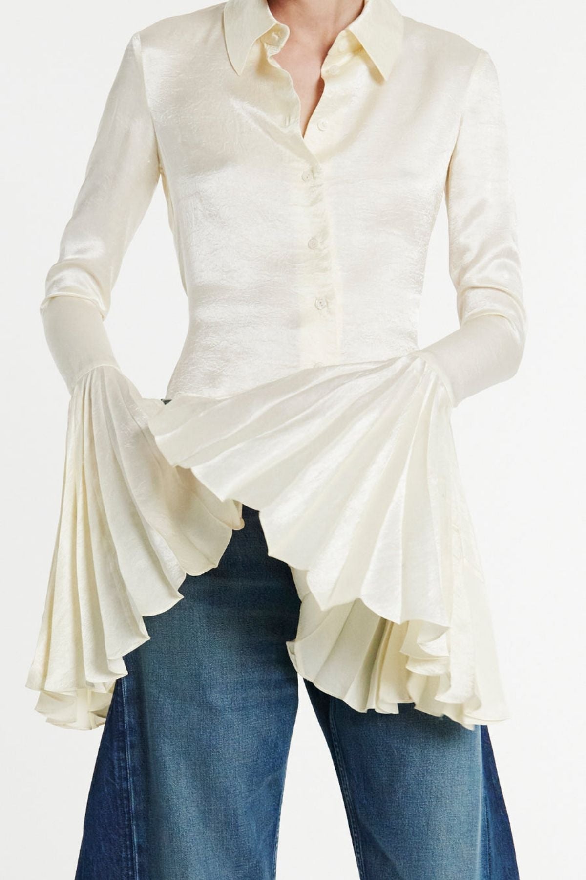 A.W.A.K.E Mode Satin Shirt Pleated Bell Sleeves - Ivory