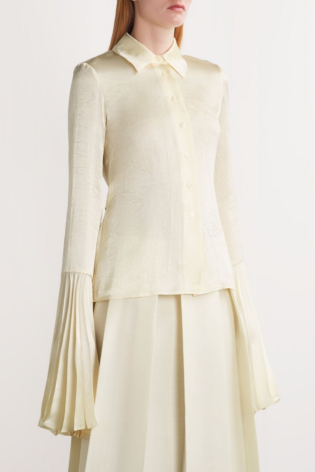 A.W.A.K.E Mode Satin Shirt Pleated Bell Sleeves - Ivory