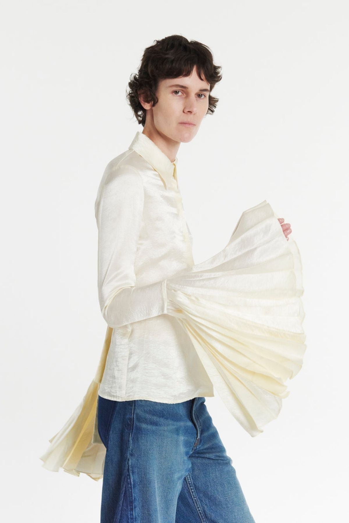 A.W.A.K.E Mode Satin Shirt Pleated Bell Sleeves - Ivory