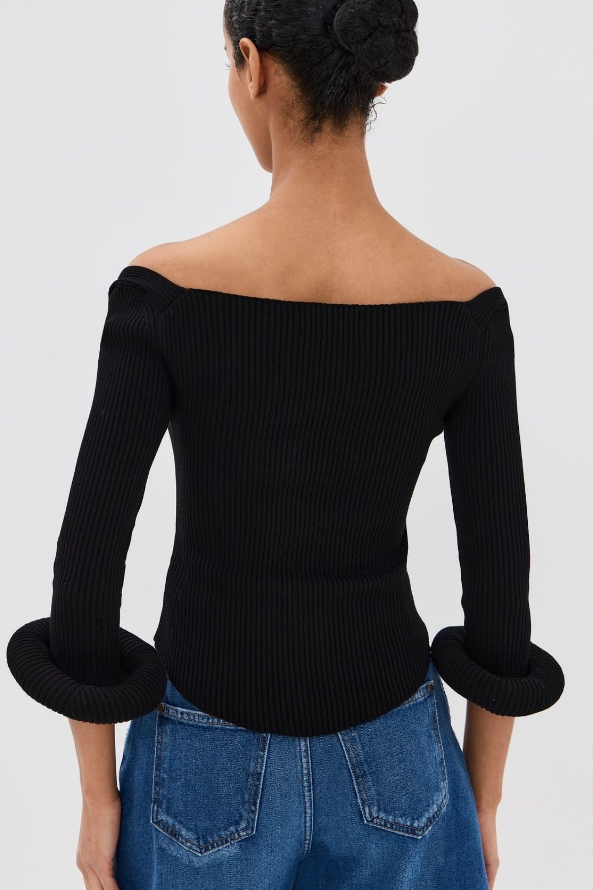 A.W.A.K.E Mode Square Neck Knit Top with Doughnut Cuffs - Black