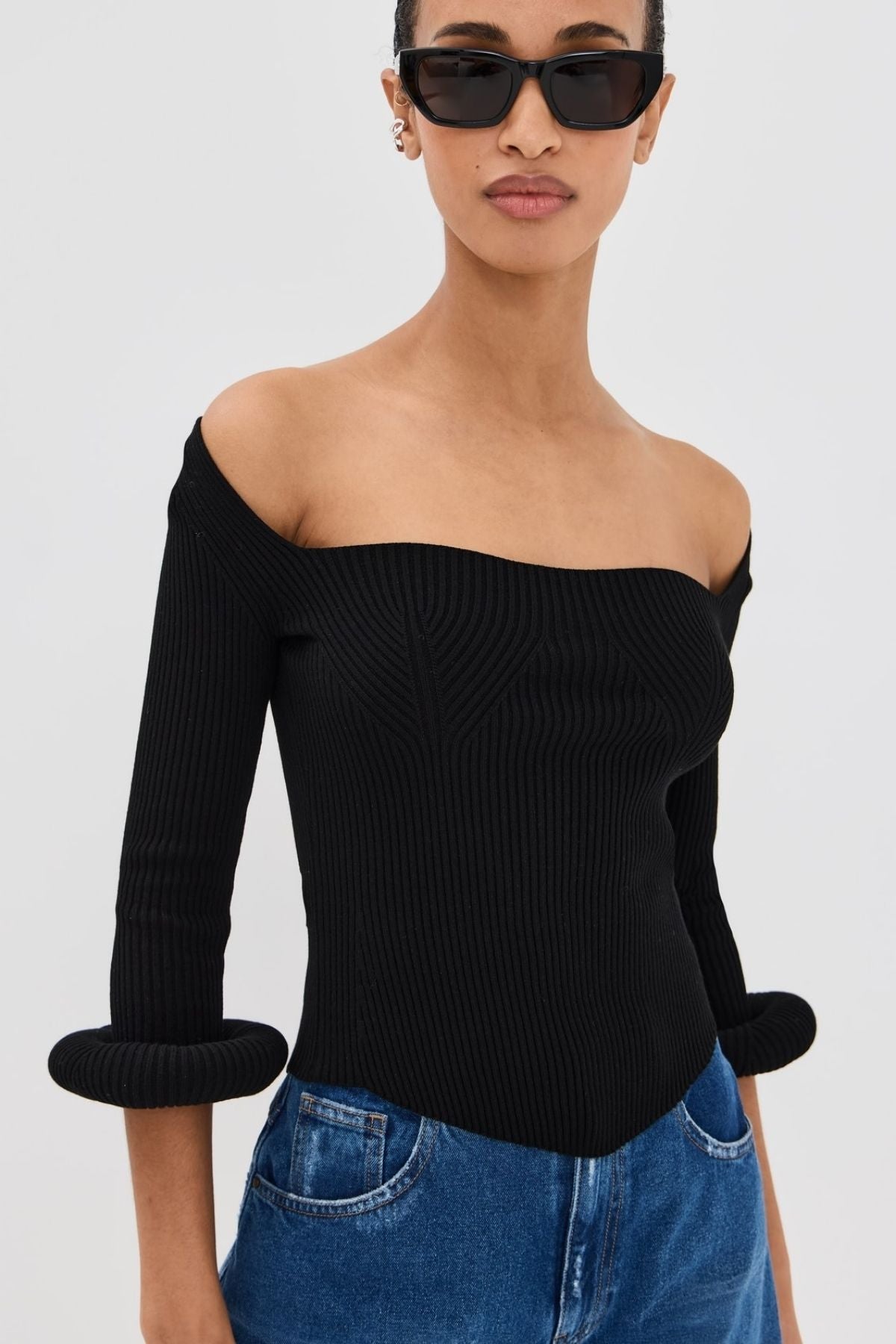 A.W.A.K.E Mode Square Neck Knit Top with Doughnut Cuffs - Black