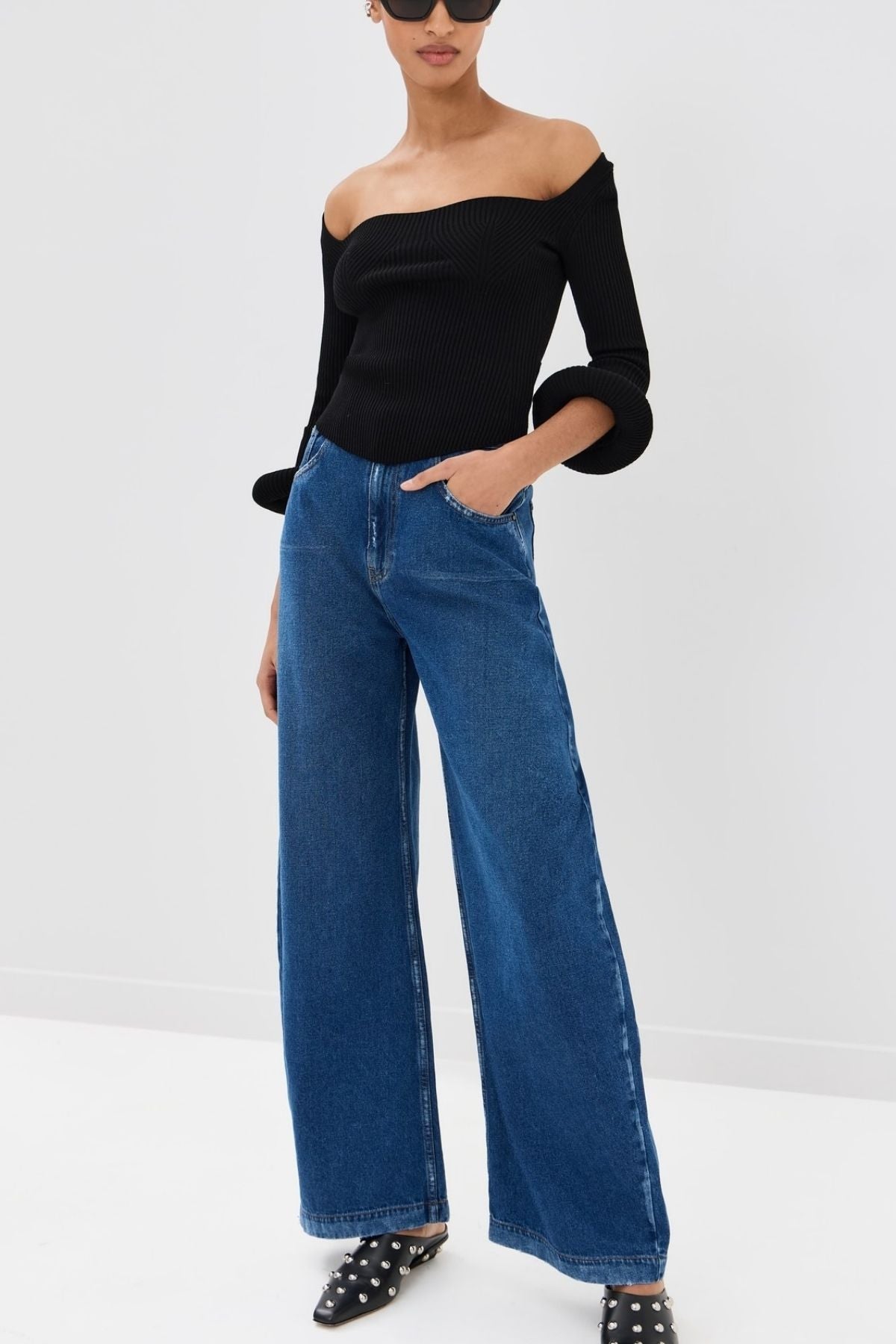 A.W.A.K.E Mode Square Neck Knit Top with Doughnut Cuffs - Black