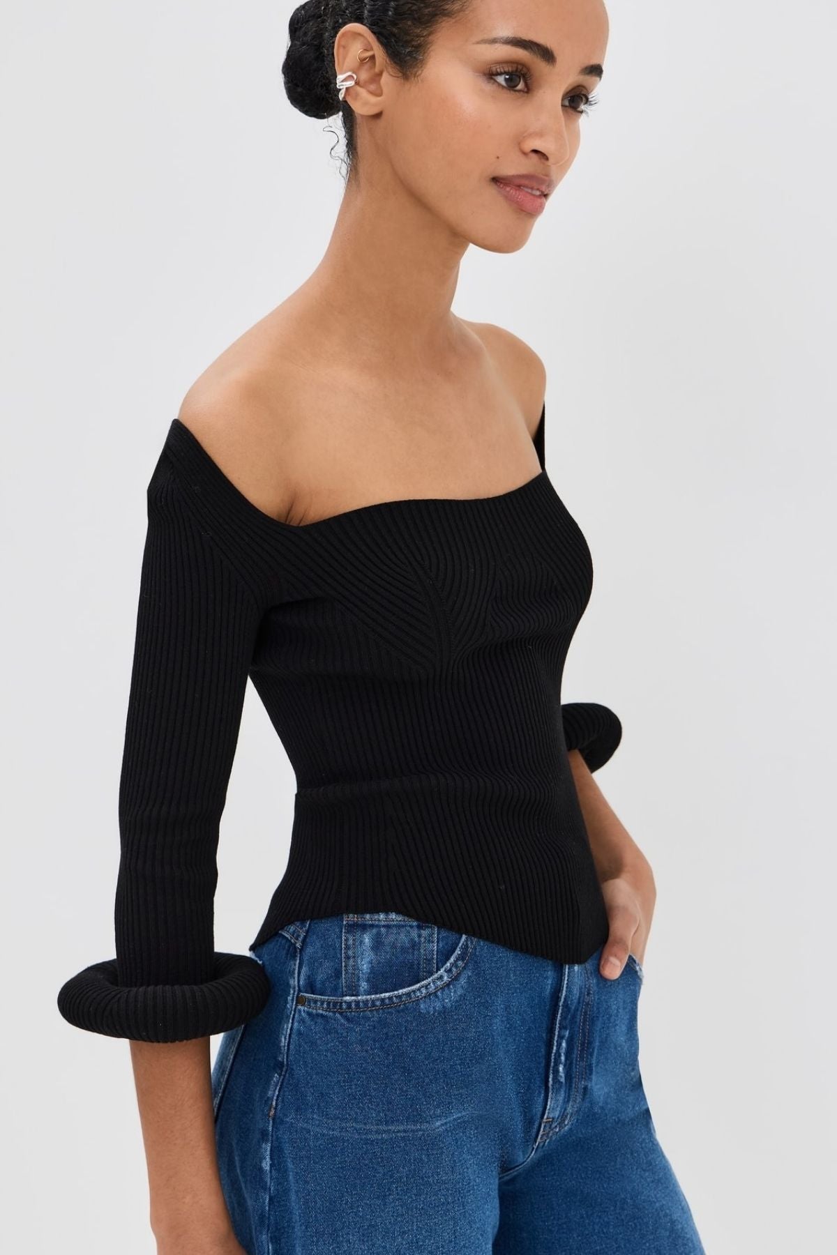 A.W.A.K.E Mode Square Neck Knit Top with Doughnut Cuffs - Black