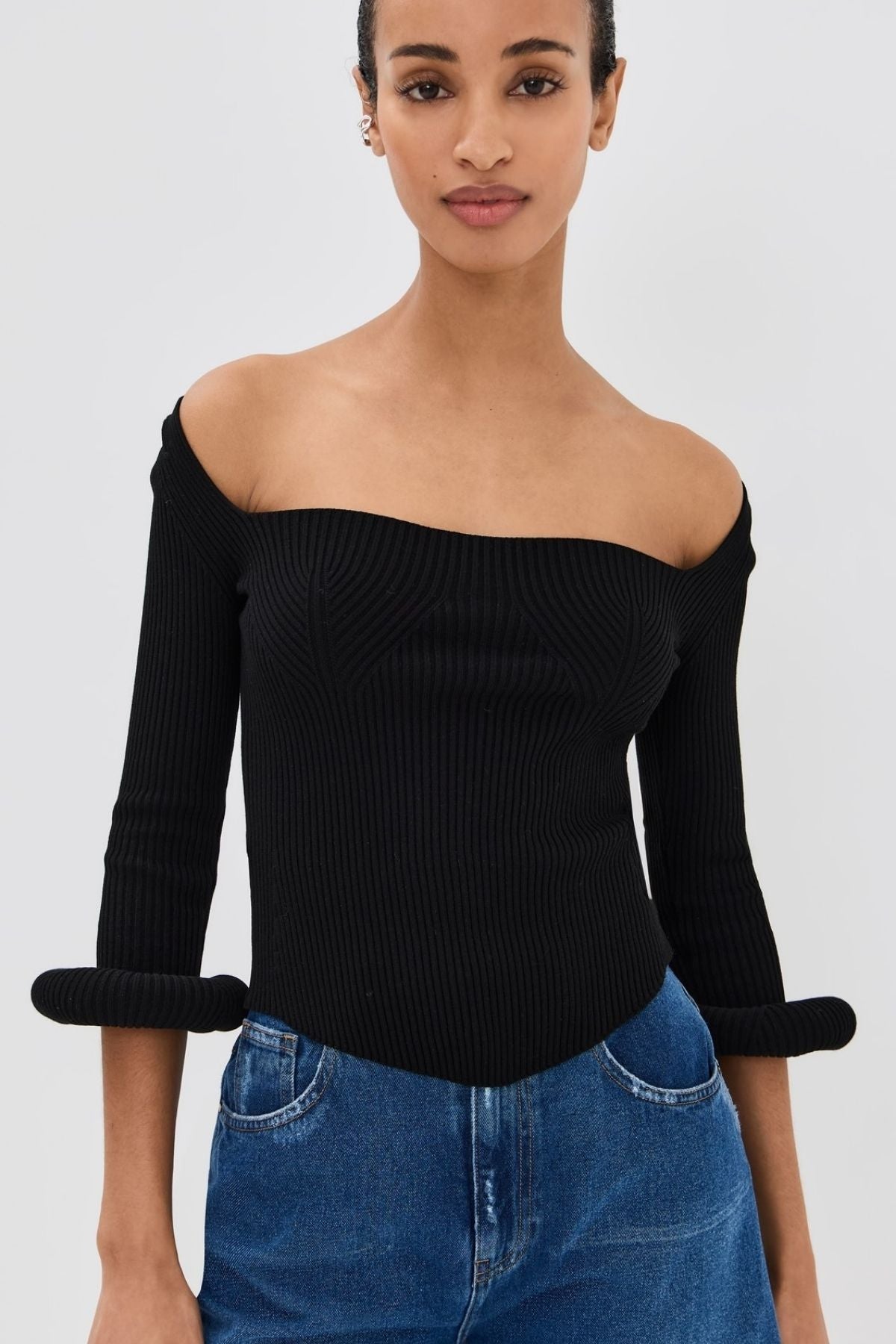 A.W.A.K.E Mode Square Neck Knit Top with Doughnut Cuffs - Black