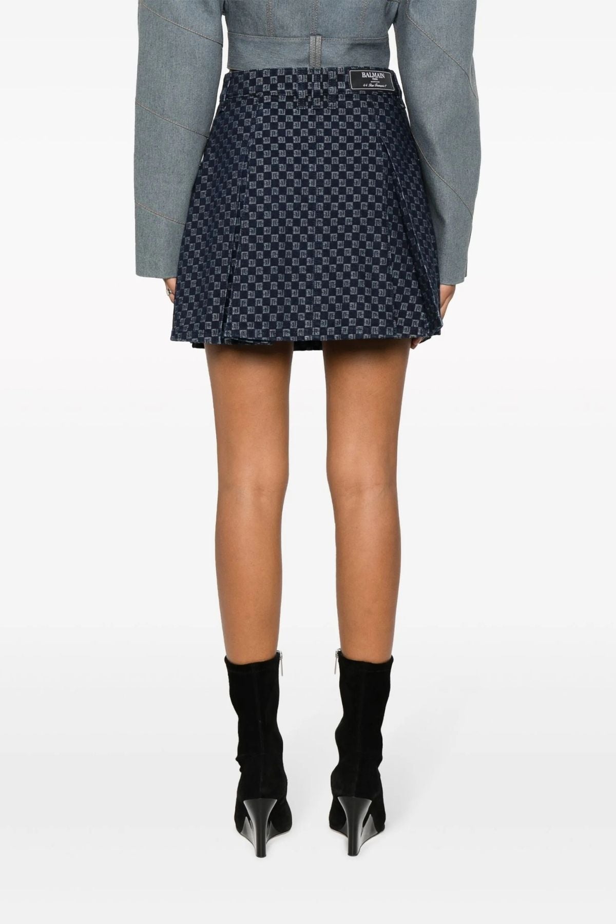Balmain Pleated Monogram Denim Mini Skirt - Denim Blue