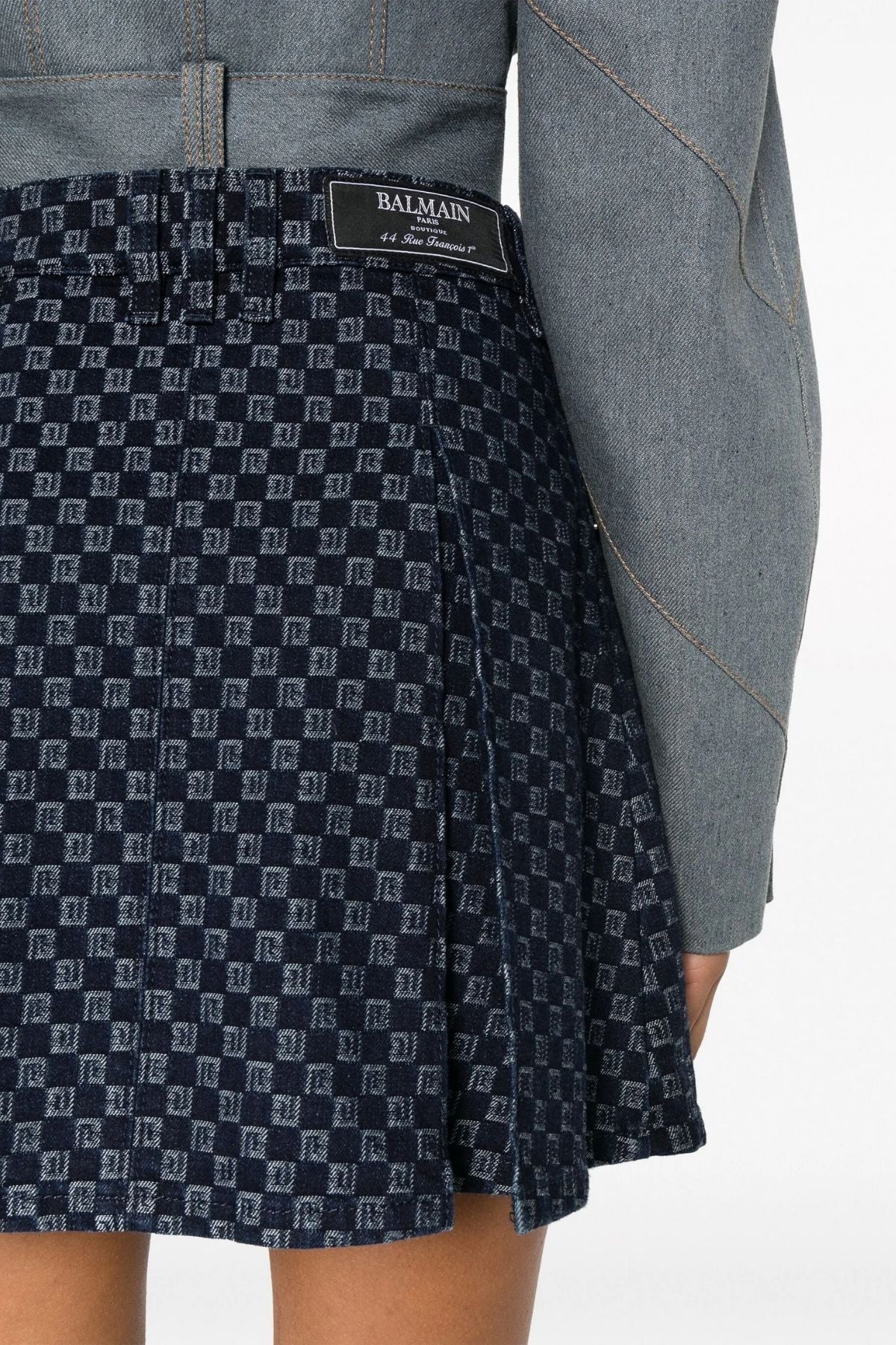 Balmain Pleated Monogram Denim Mini Skirt - Denim Blue