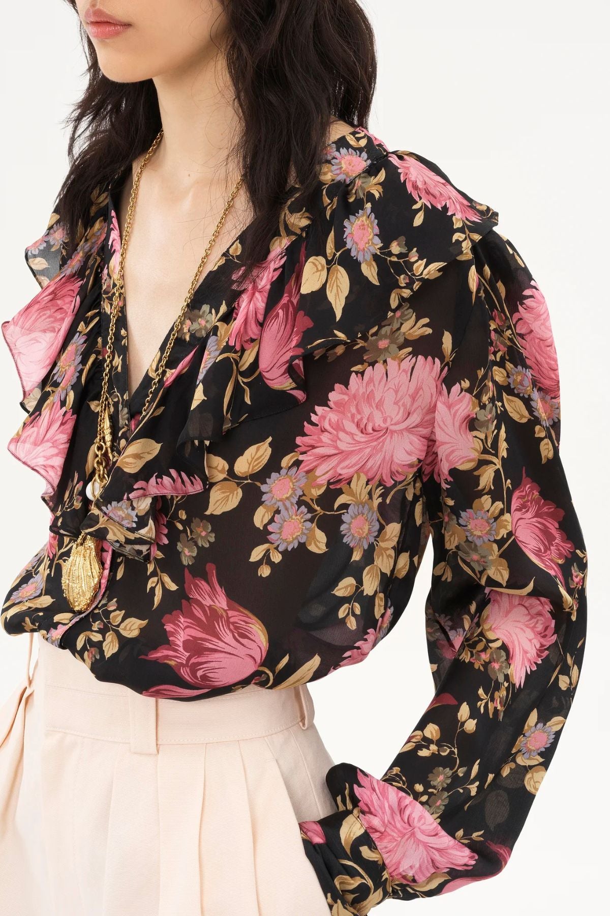 Chloé Floral Ruffle LS Top - Black