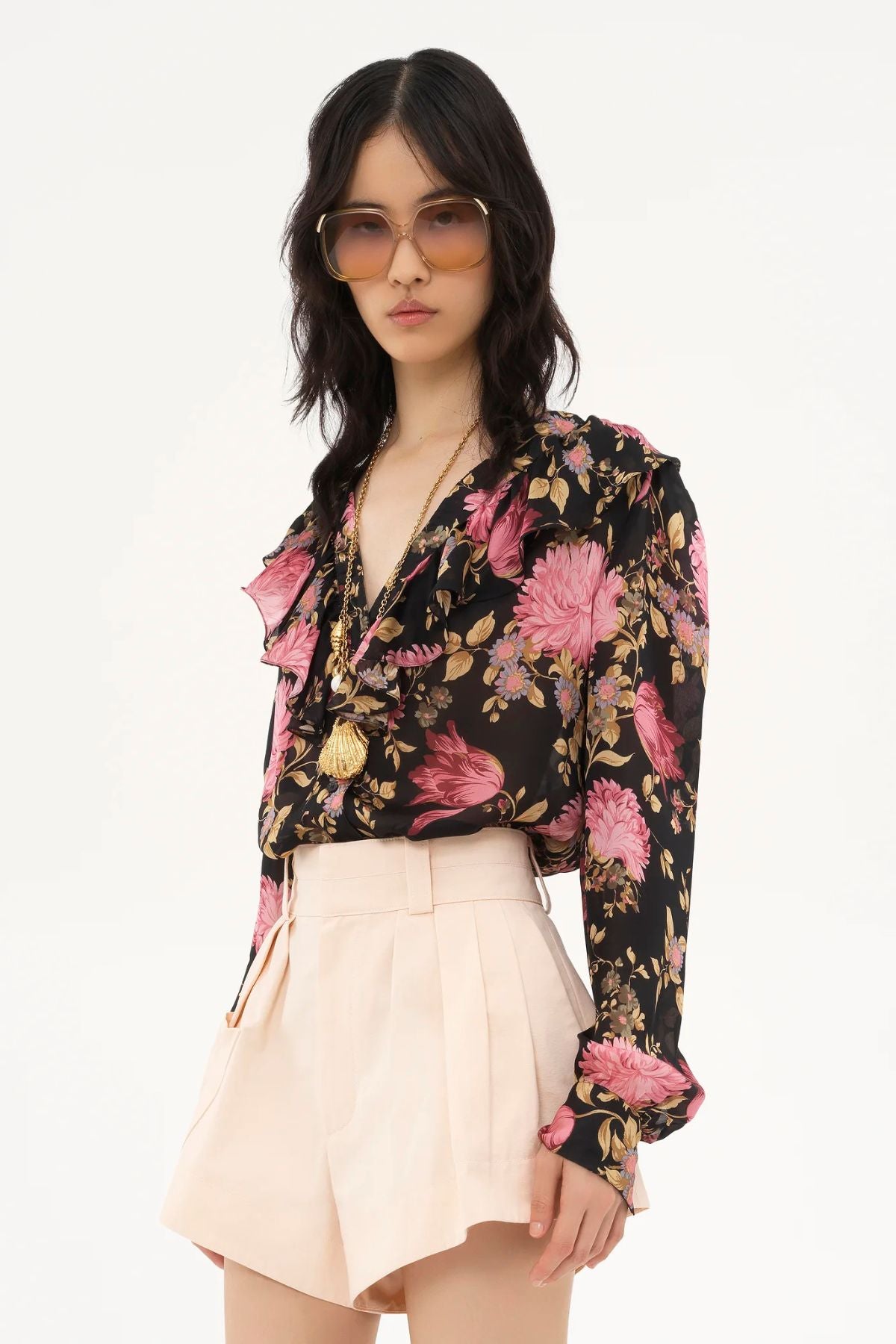 Chloé Floral Ruffle LS Top - Black