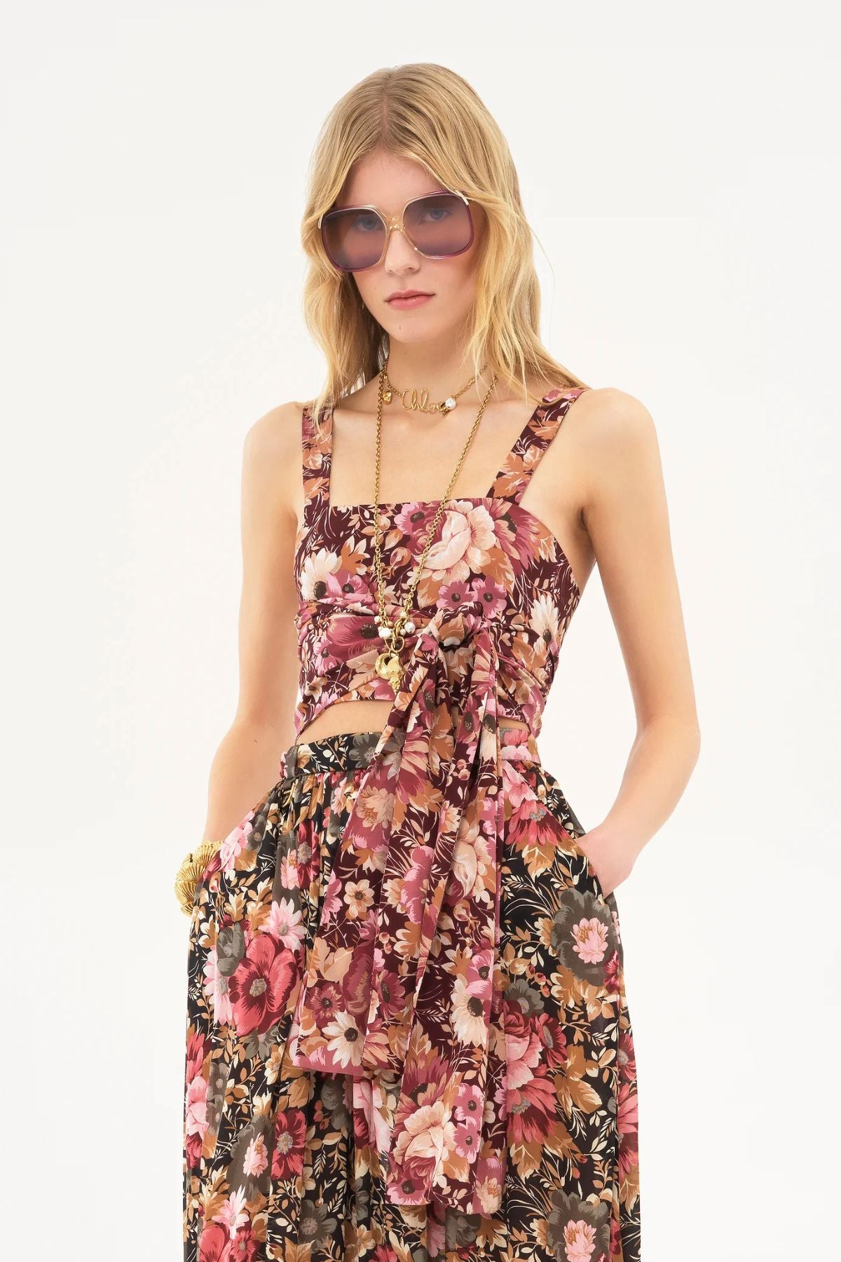 Chloé Floral Wrap Tank Top - Maroon Pink