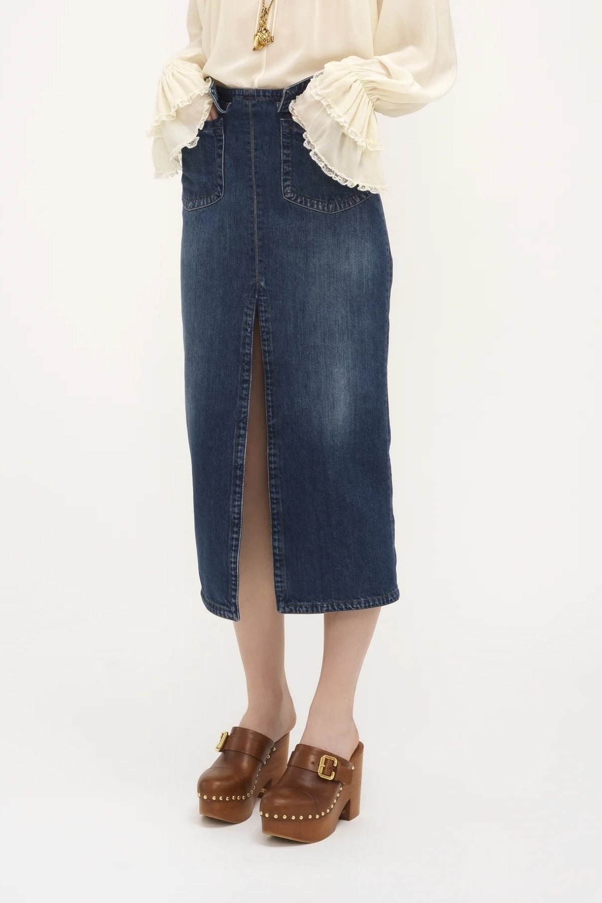 Chloé Front-Slit Midi Skirt - Night Blue Denim