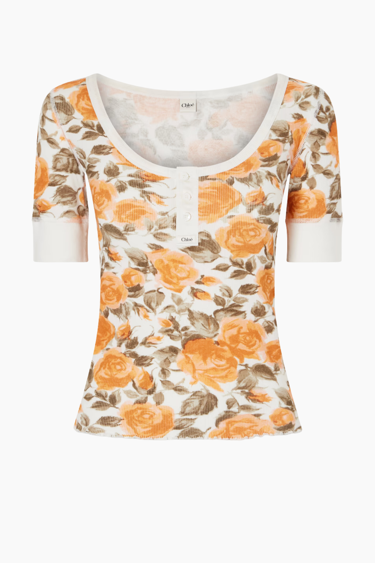 Chloé Roses Print Henley T-Shirt - White Orange