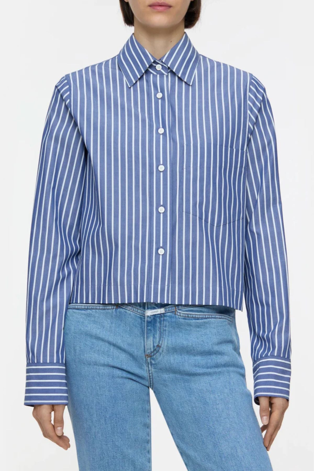 Closed Cropped Classic Shirt Striped Organic Cotton - Graphite Blue