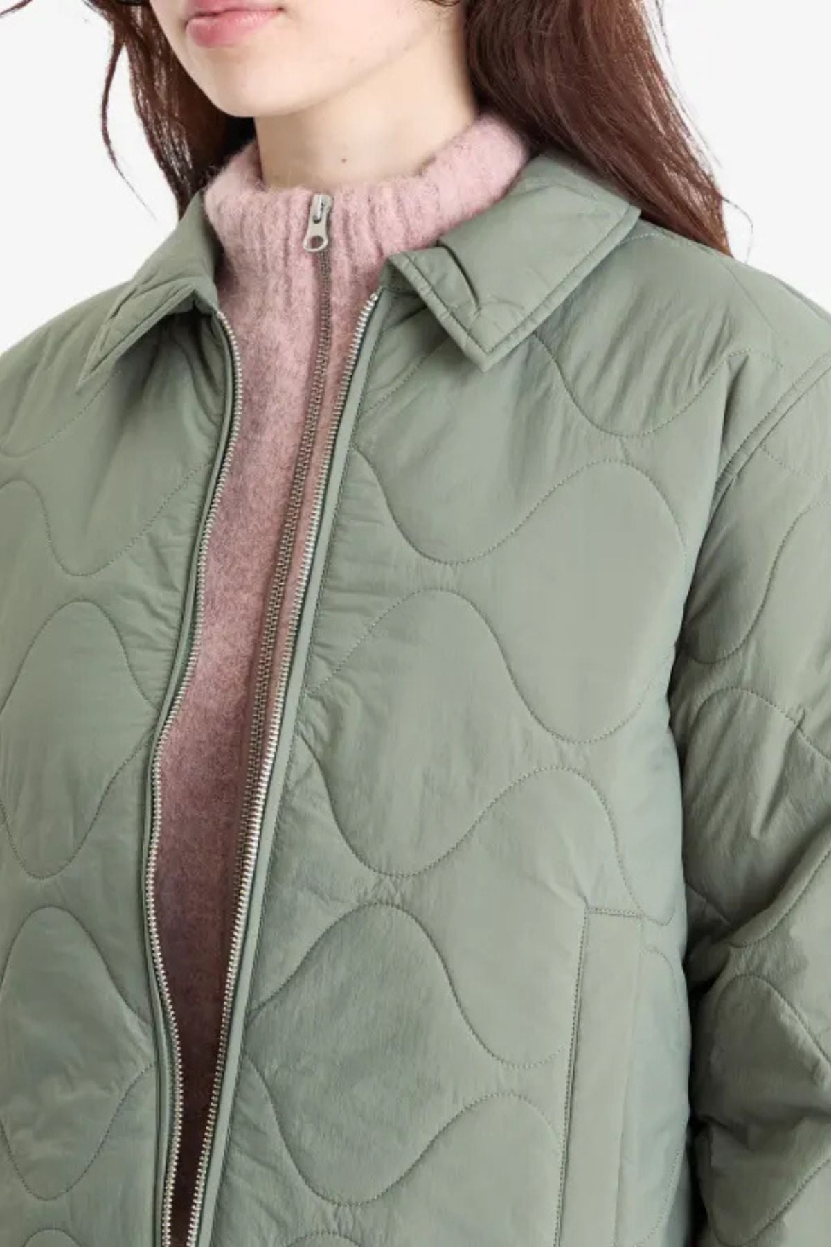 Closed Short Quilted Light Padded Jacket - Faded Green