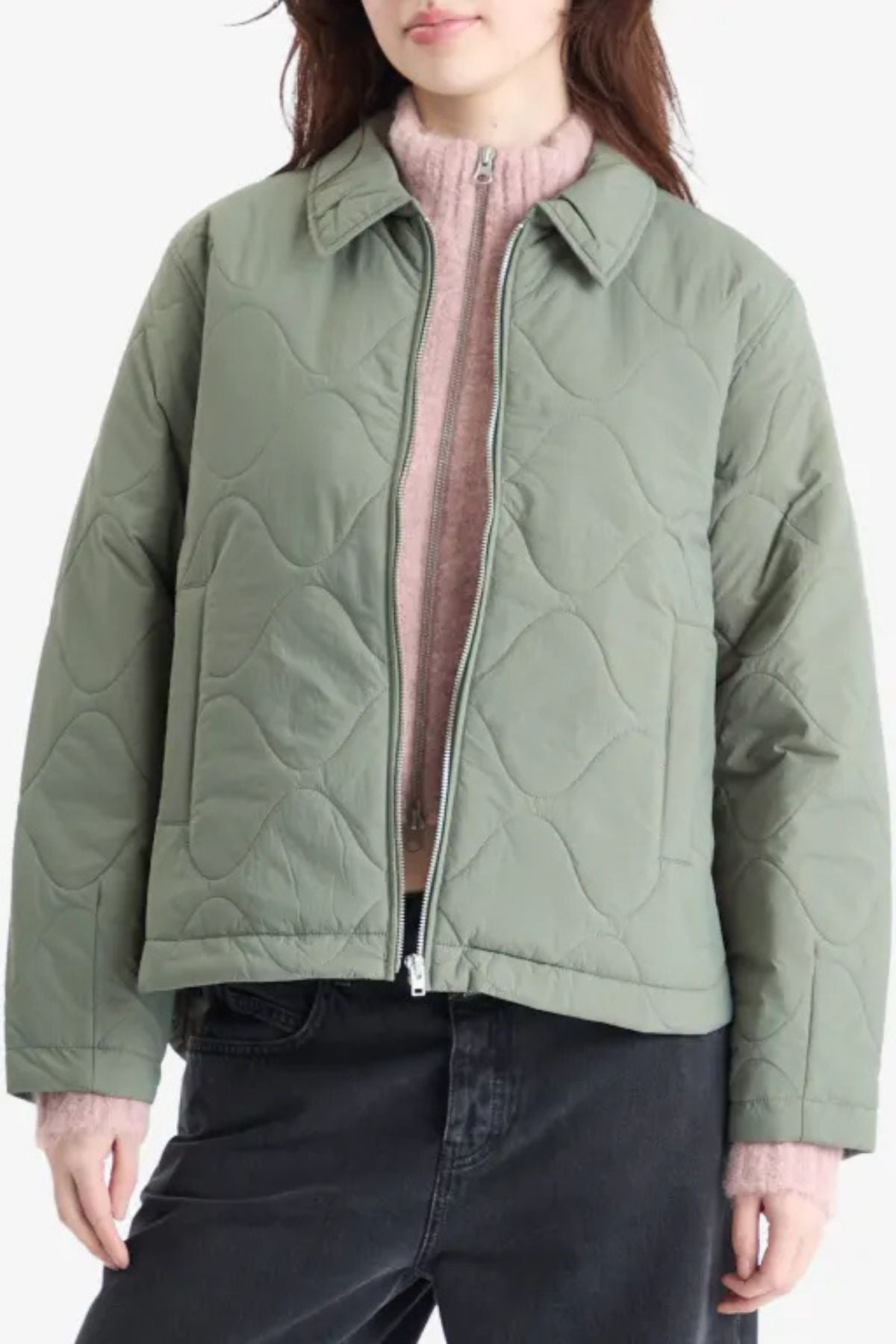 Closed Short Quilted Light Padded Jacket - Faded Green