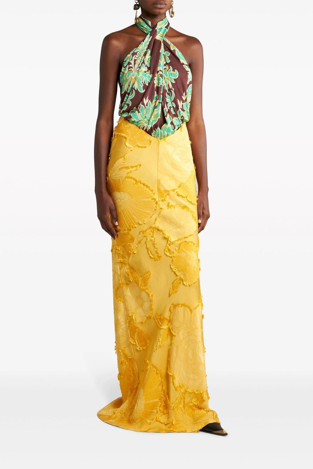 Etro Runway Floral Jacquard Halterneck Maxi Dress - Sunset Yellow/ Multi