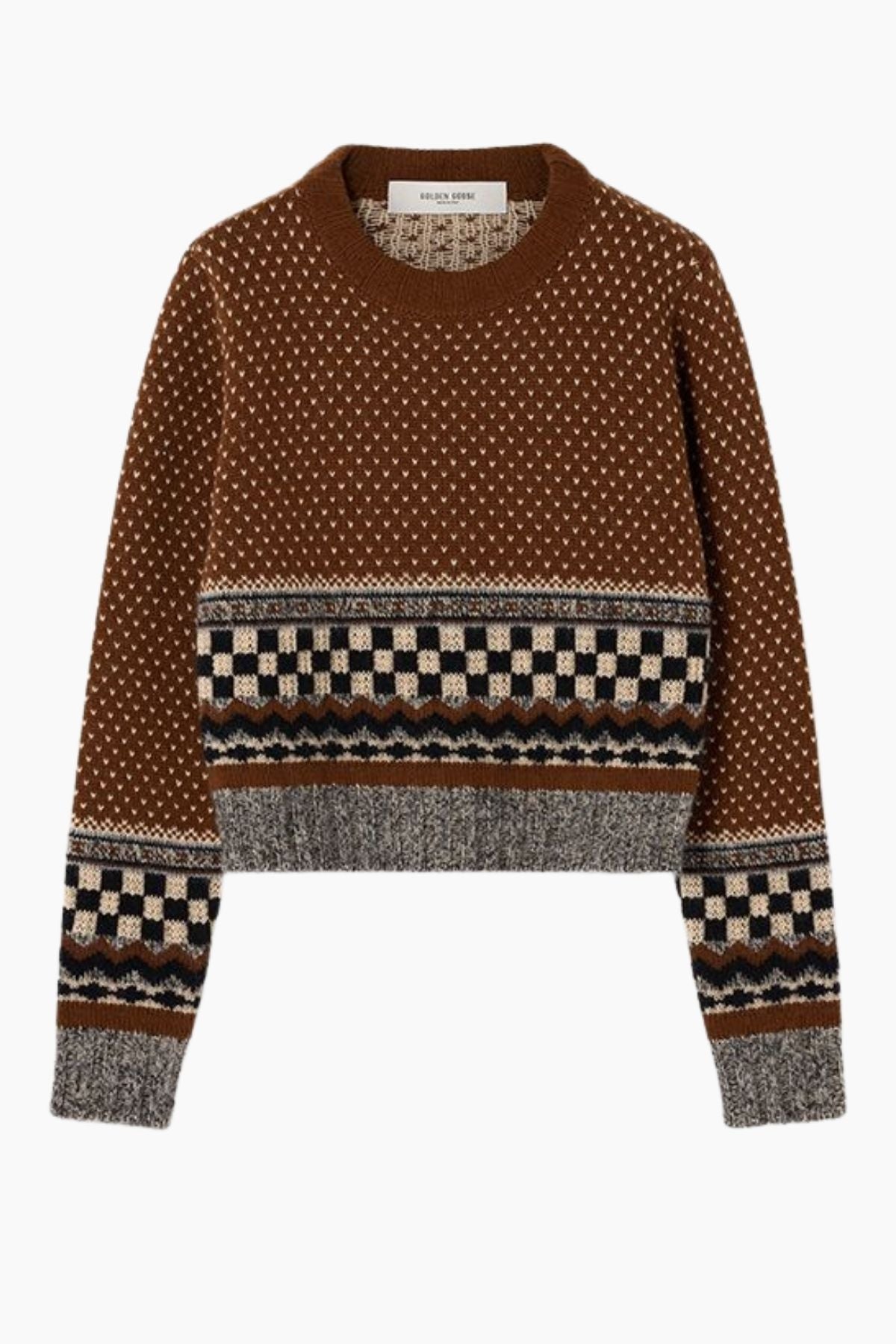 Golden Goose Cropped Geo Jacquard Sweater - Brown/ Black/ White