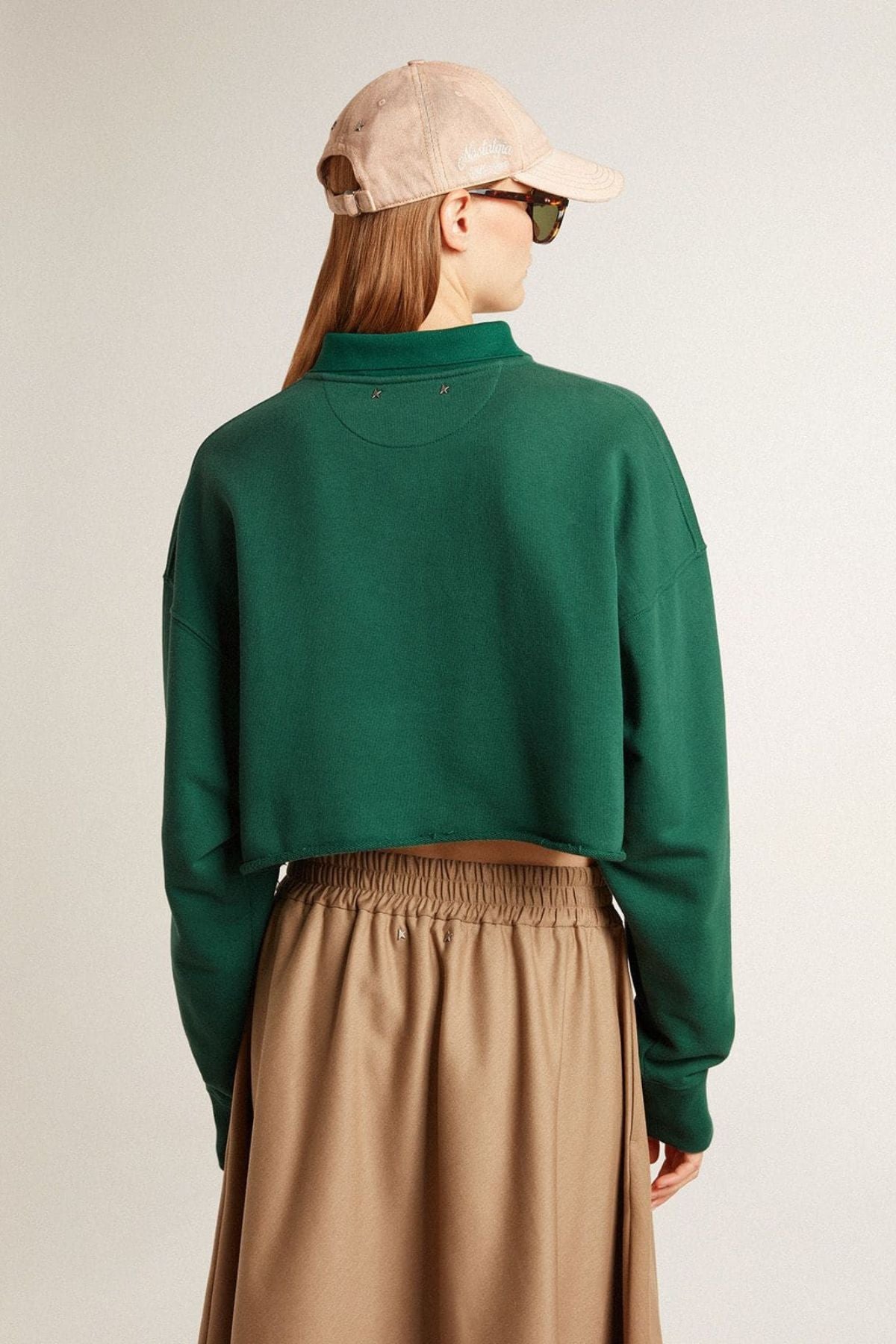 Golden Goose Cropped Polo Sweatshirt with Print - Hunter Green/ Heritage White