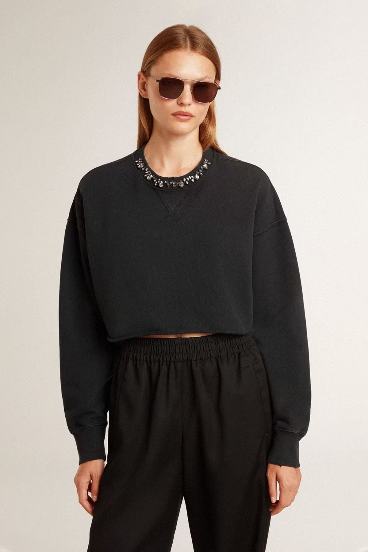 Golden Goose Crystal Detail Cropped Sweatshirt - Washed Black