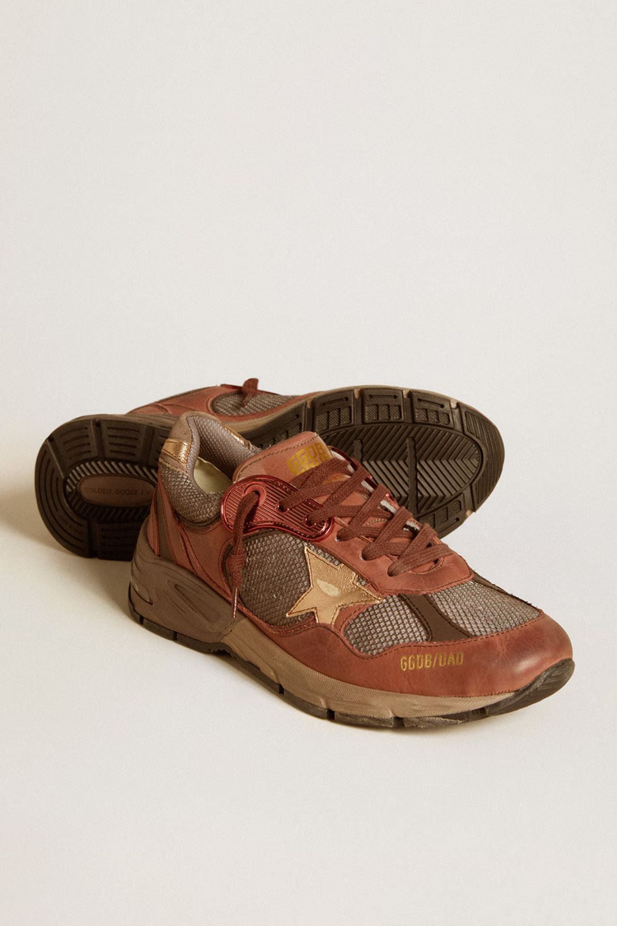 Golden Goose Running Dad Net Nabuk & Leather Upper Laminated Star - Brown/ Gray/ Rame